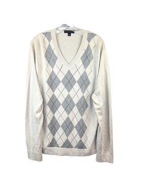 Banana Republic Silk Cashmere Argyle V-Neck Sweater Men's XL Cream Grey VGUC